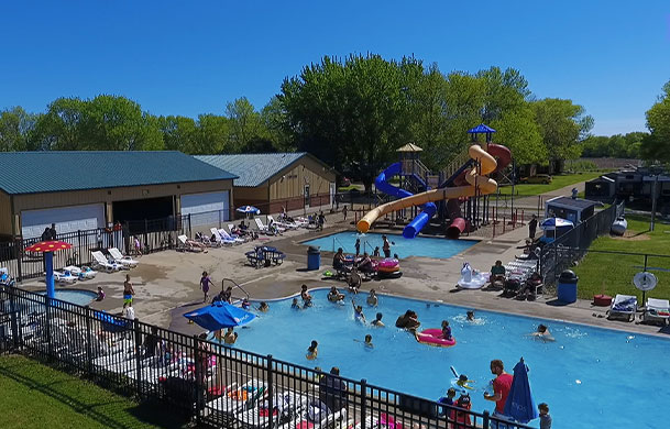 aerial view of swimming pool and splash park